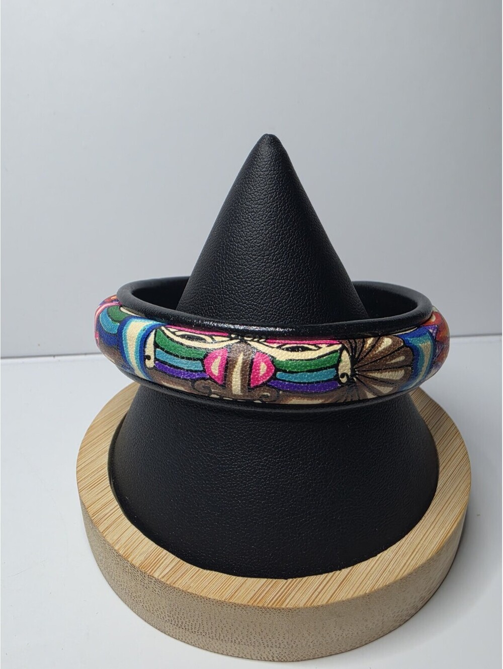 Vintage Mayan Leather Bangle Hand Painted Tribal Mask eye Design Bracelet